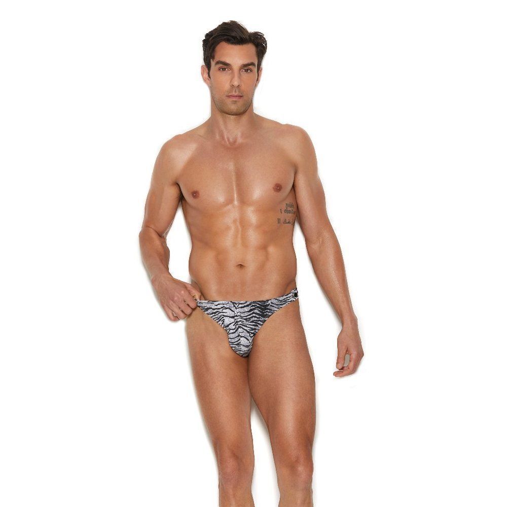 Mens snap closure thong in zebra print